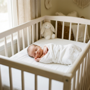 Bebé recién nacido durmiendo en su cuna durante el día - sueño infantil
