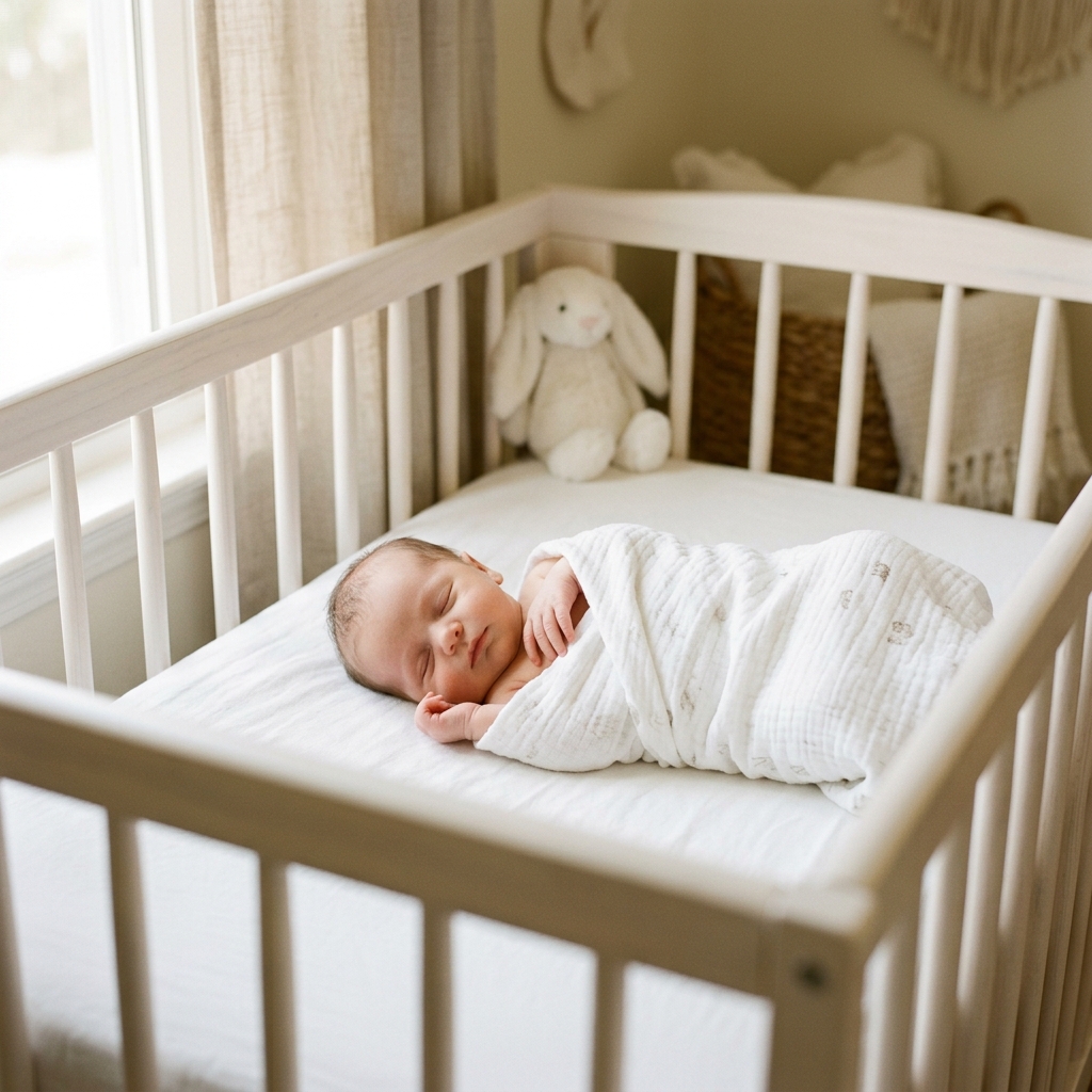 Bebé recién nacido durmiendo en su cuna durante el día - sueño infantil