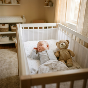Bebé durmiendo con su osito en la cuna - sueño autónomo en bebés