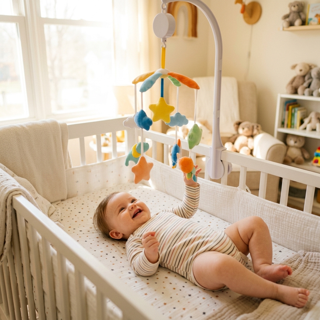 Bebé de seis meses feliz en su cuna - hitos del sueño infantil