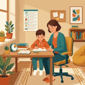 Padre ayudando a su hijo con TDAH en casa