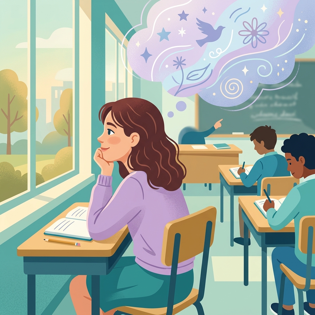 Niña con TDAH mirando por la ventana en clase