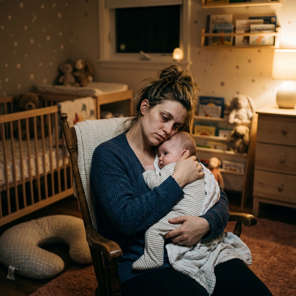 Madre atendiendo a su bebé por la noche - despertares nocturnos