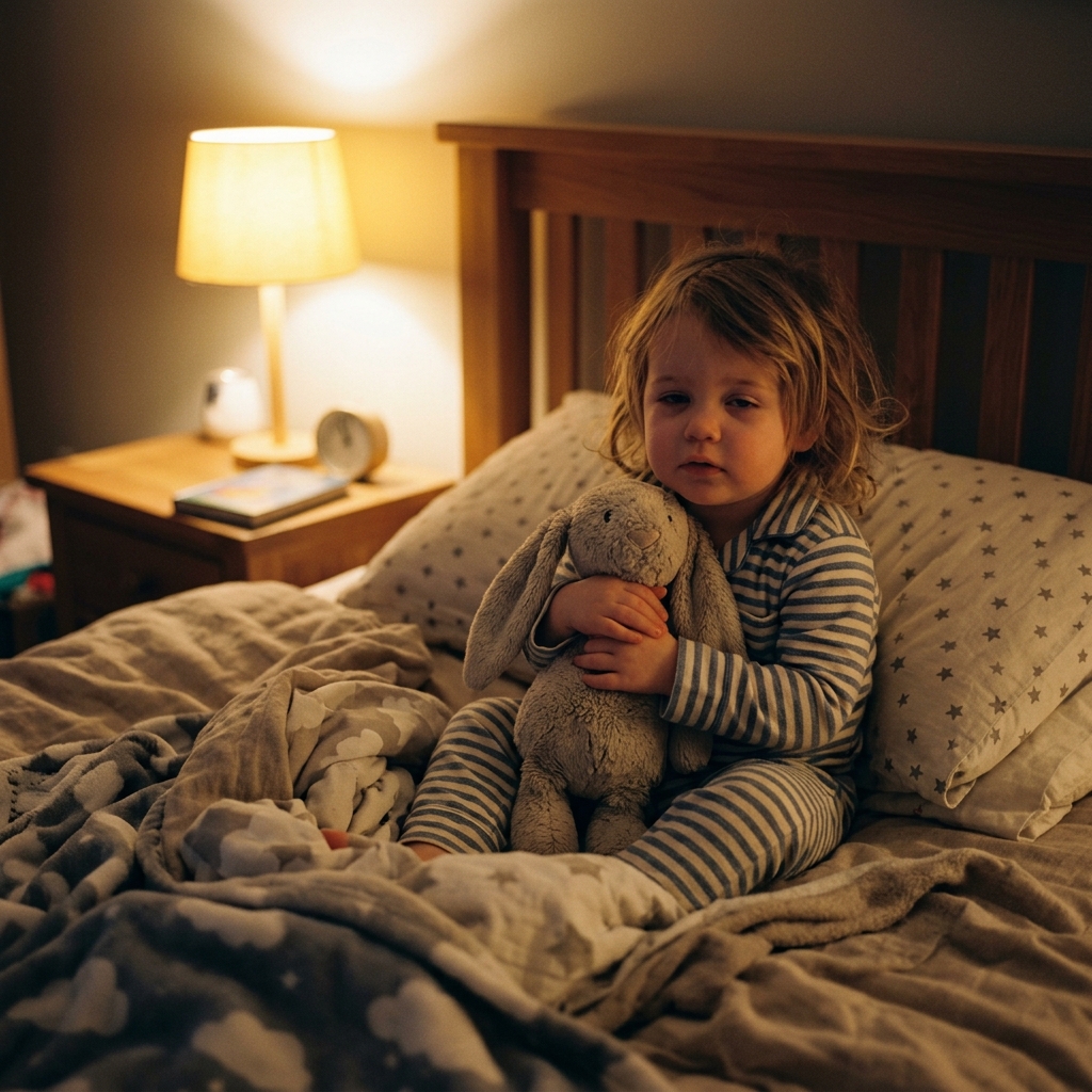 Niño pequeño despierto en su cama por la noche - insomnio infantil