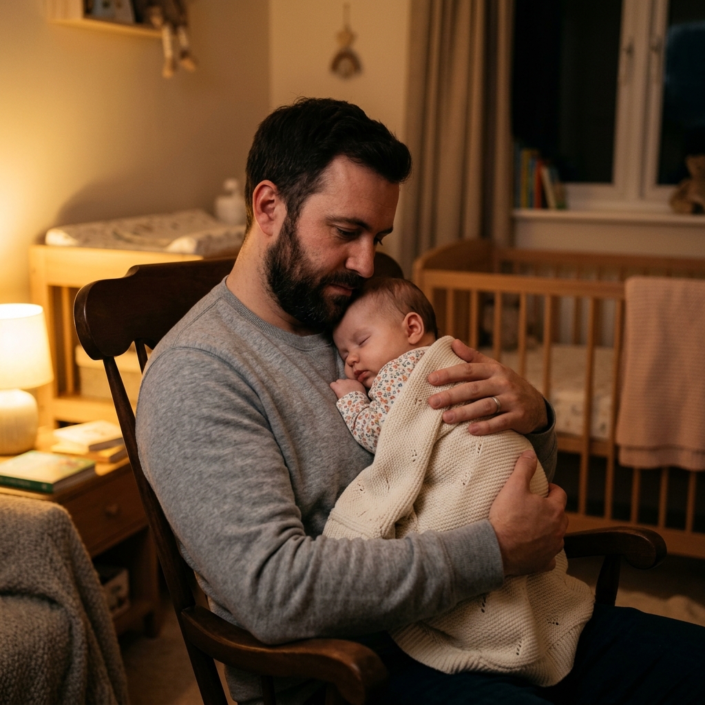 Padre cargando a su bebé dormido por la noche - asesoría de sueño infantil