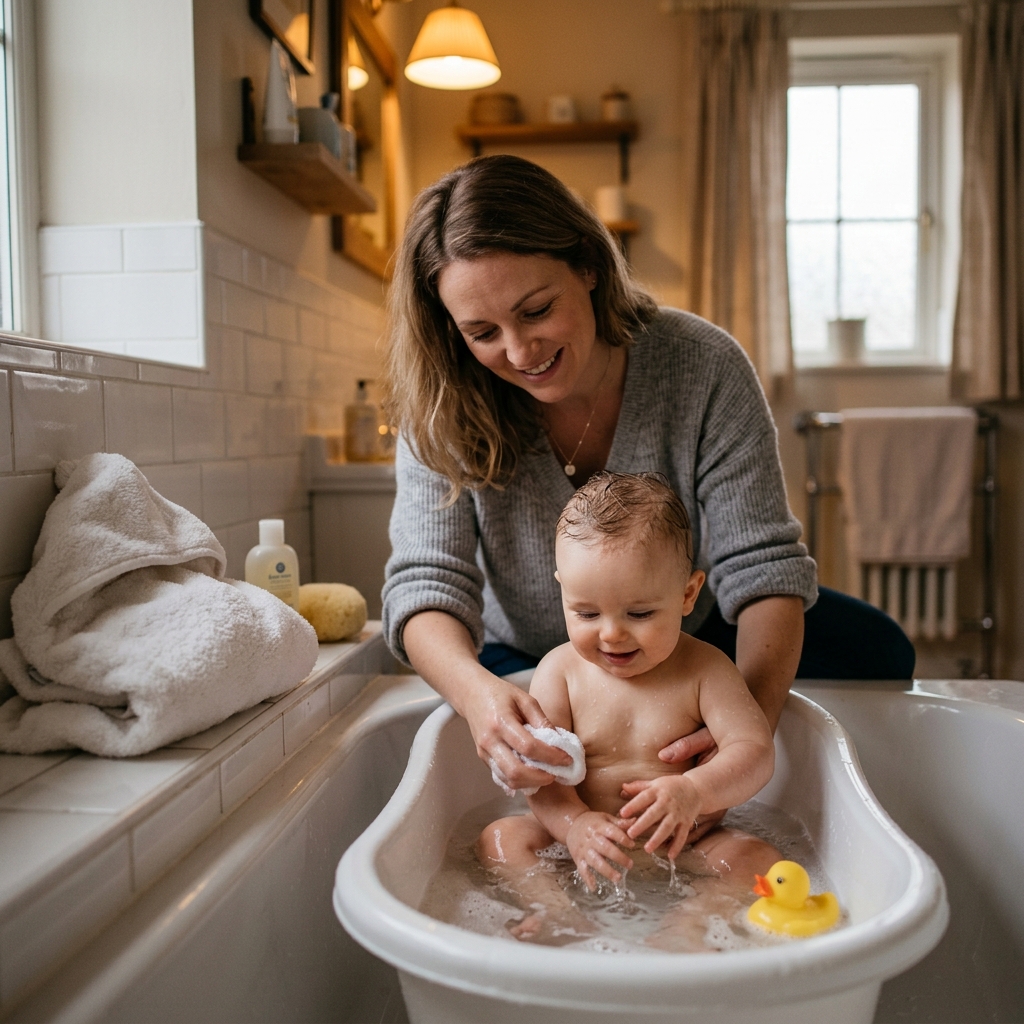 Madre bañando a su bebé como rutina de sueño - rutina previa al sueño infantil